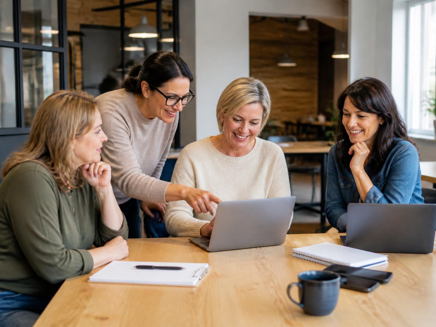 Four women in their fifties working together around a table with laptops in a bright coworking space