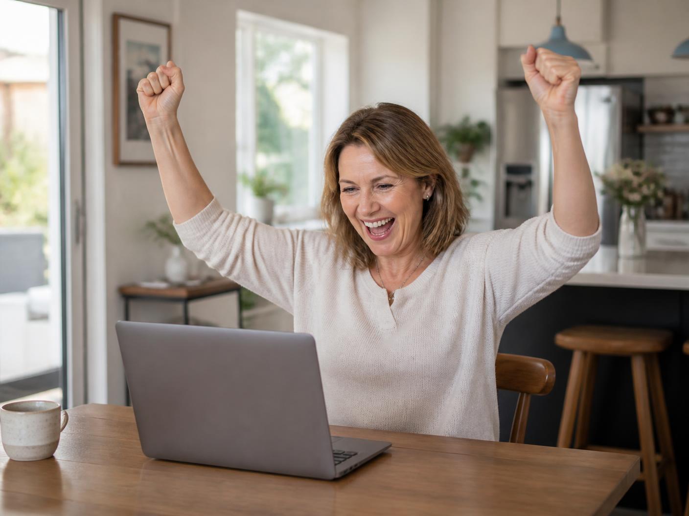 A woman in her fifties celebrating with both arms raised at her laptop